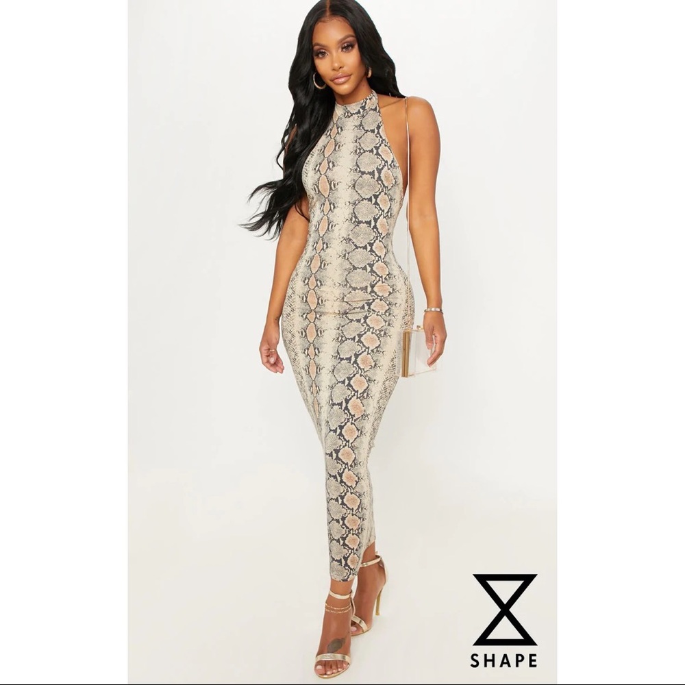 PRETTY LITTLE THING TAUPE SNAKE PRINT MAXI DRESS